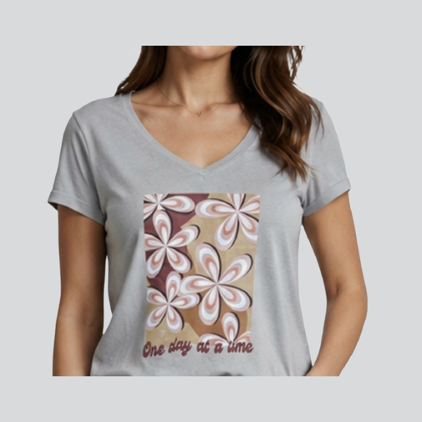 Γυναικείο Γκρι T-Shirt με Floral Print & V Λαιμόκοψη - Image 2