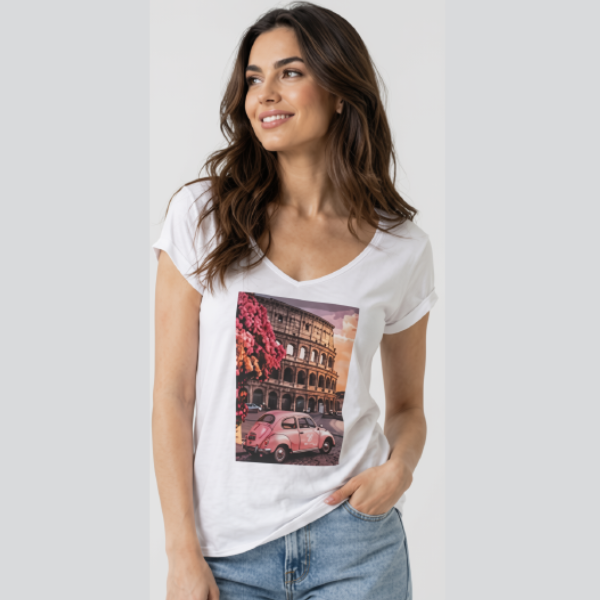 Γυναικείο Γκρι T-Shirt με Ροζ Σκαραβαίο Print - Image 4