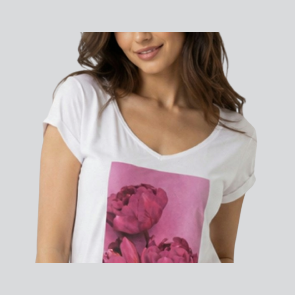 Γυναικείο Λευκό T-Shirt με Floral Print & V Λαιμόκοψη - Image 2