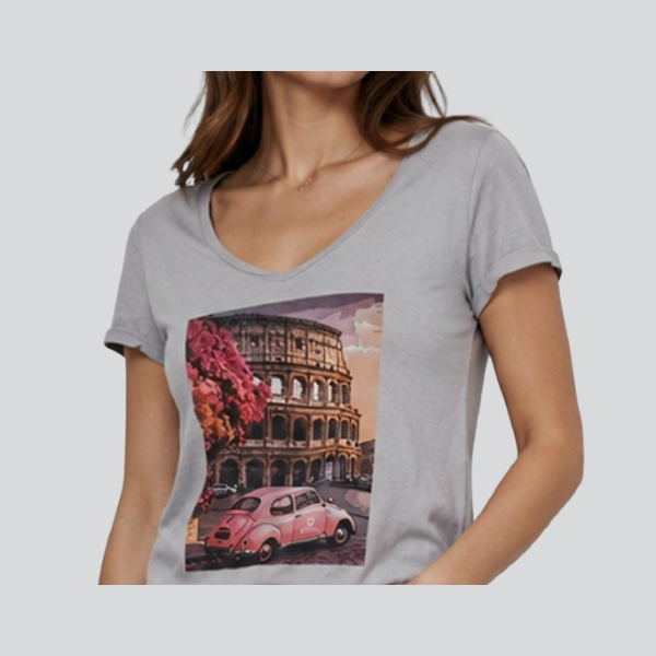 Γυναικείο Γκρι T-Shirt με Ροζ Σκαραβαίο Print - Image 2